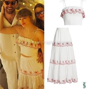 White and Red Embroidered Women's Cherry Skirt Set